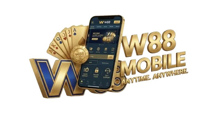 W88 모바일 앱 프리미엄 히어로 이미지: 스마트폰, 황금색 카지노 칩, 카드, 입체적인 로고와 '언제 어디서나' 문구