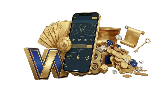 W88 공식 회원가입 안내 이미지: 스마트폰 등록 화면, 황금 보물상자와 코인, 카지노 카드 디자인